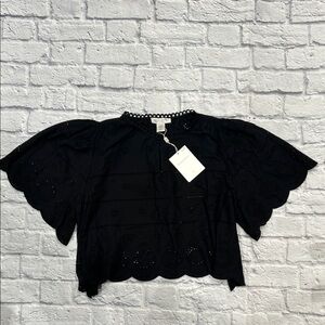 Caroline Constas Black Eyelet Scalloped Flutter Sleeve Cotton Top NWT XL